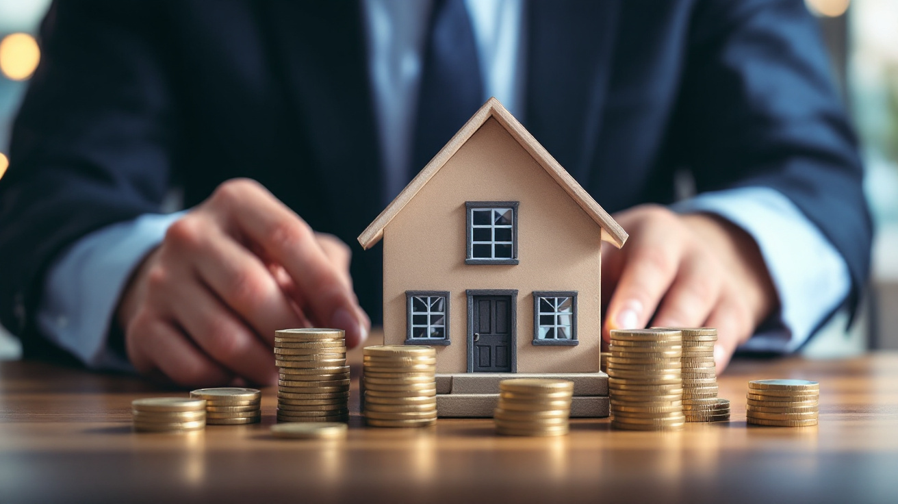 Professional with a model house and gold coins, representing rental property investment and alternative mortgage financing.
