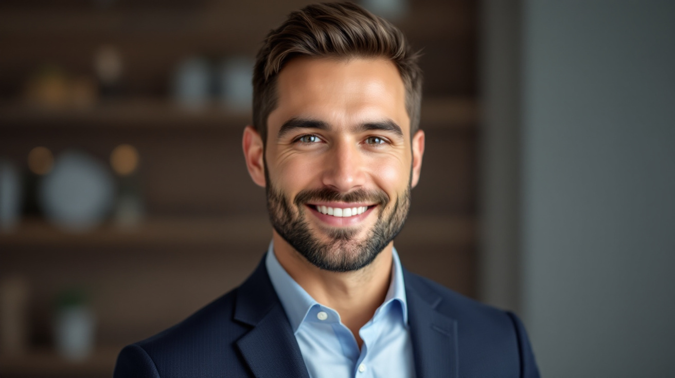 A smiling mortgage professional in a suit, representing expert guidance for first-time home buyers in Niagara Falls and Fort Erie.