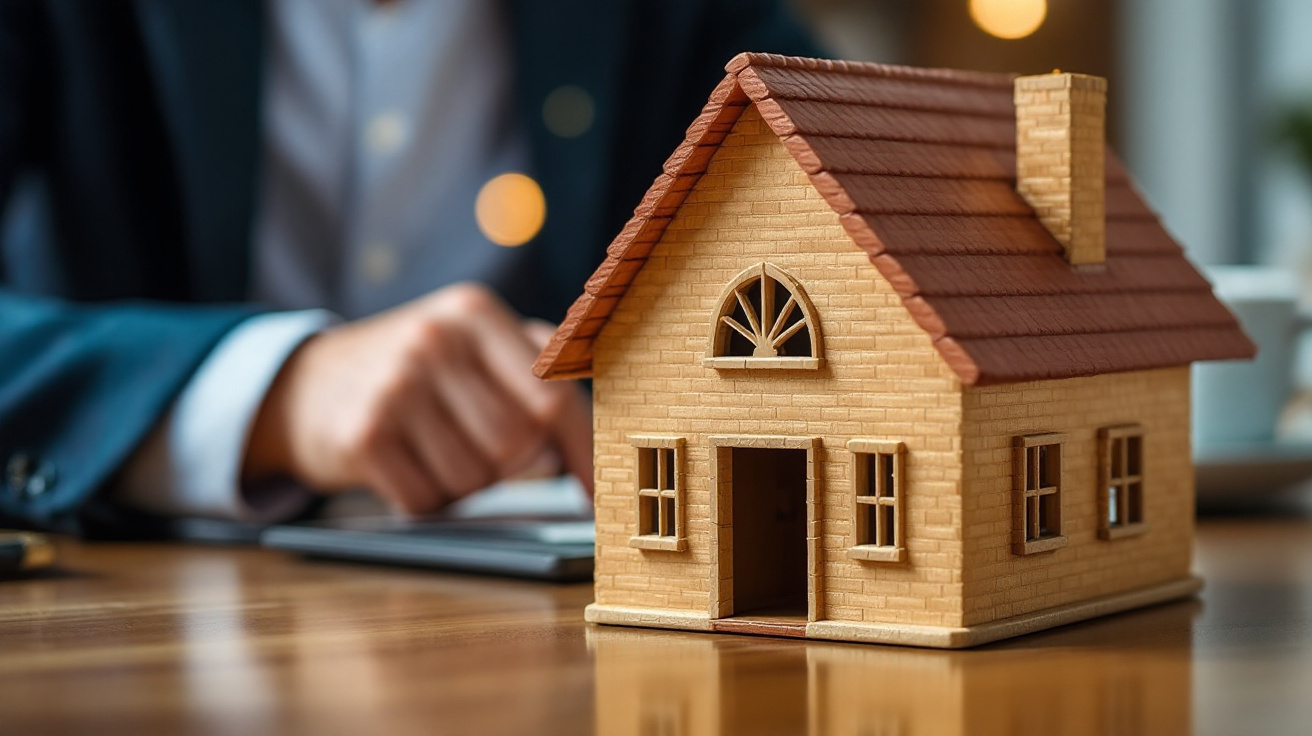 A model house on a desk with a mortgage professional calculating first-time home buyer strategies in the background.