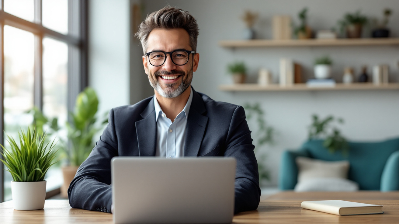 A smiling mortgage professional at a desk with a laptop, ready to assist with credit building and financing in a bright, modern office.