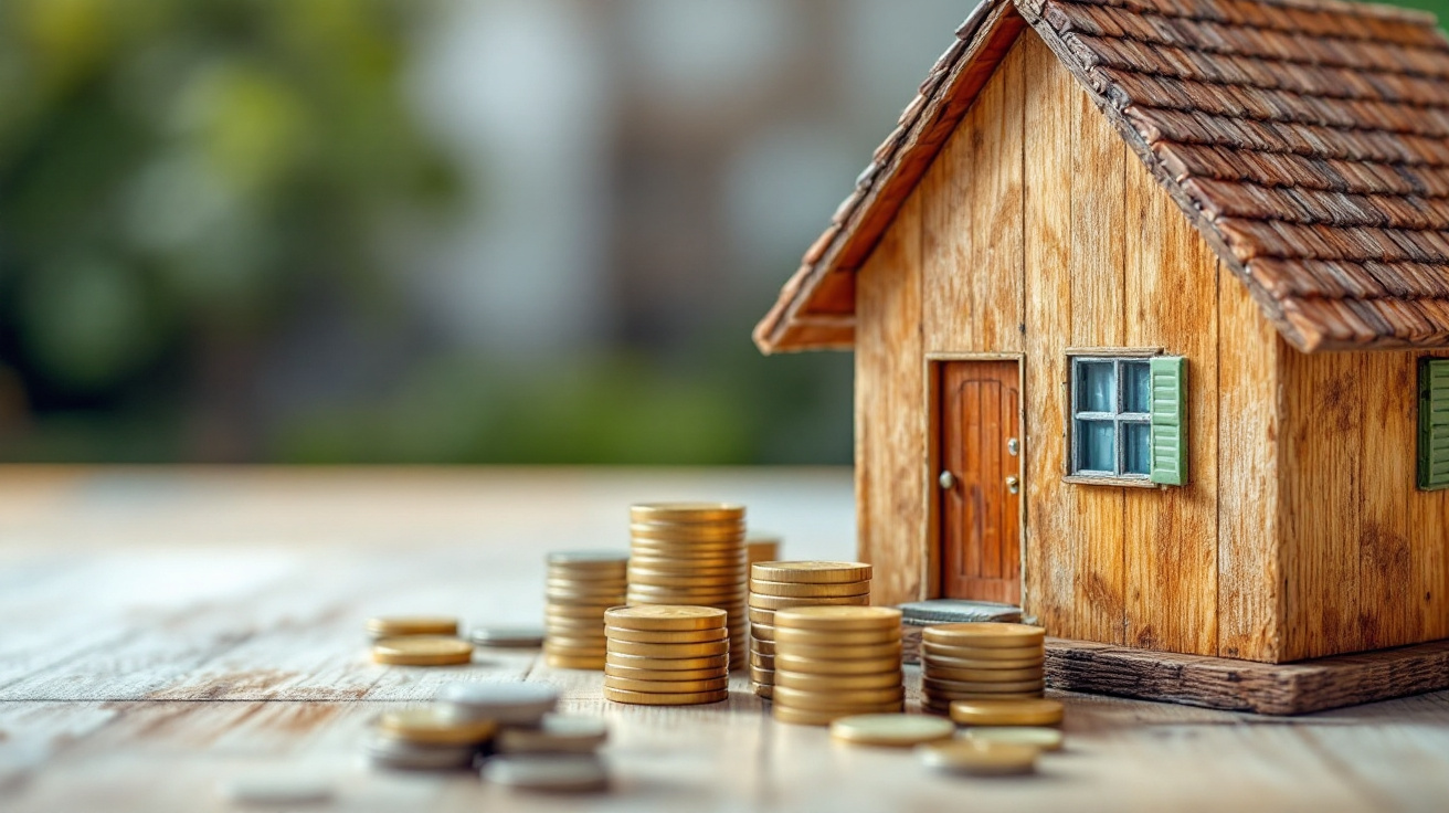 Wooden house model next to coin stacks, illustrating home equity for mortgage refinancing and debt consolidation in Niagara Falls.
