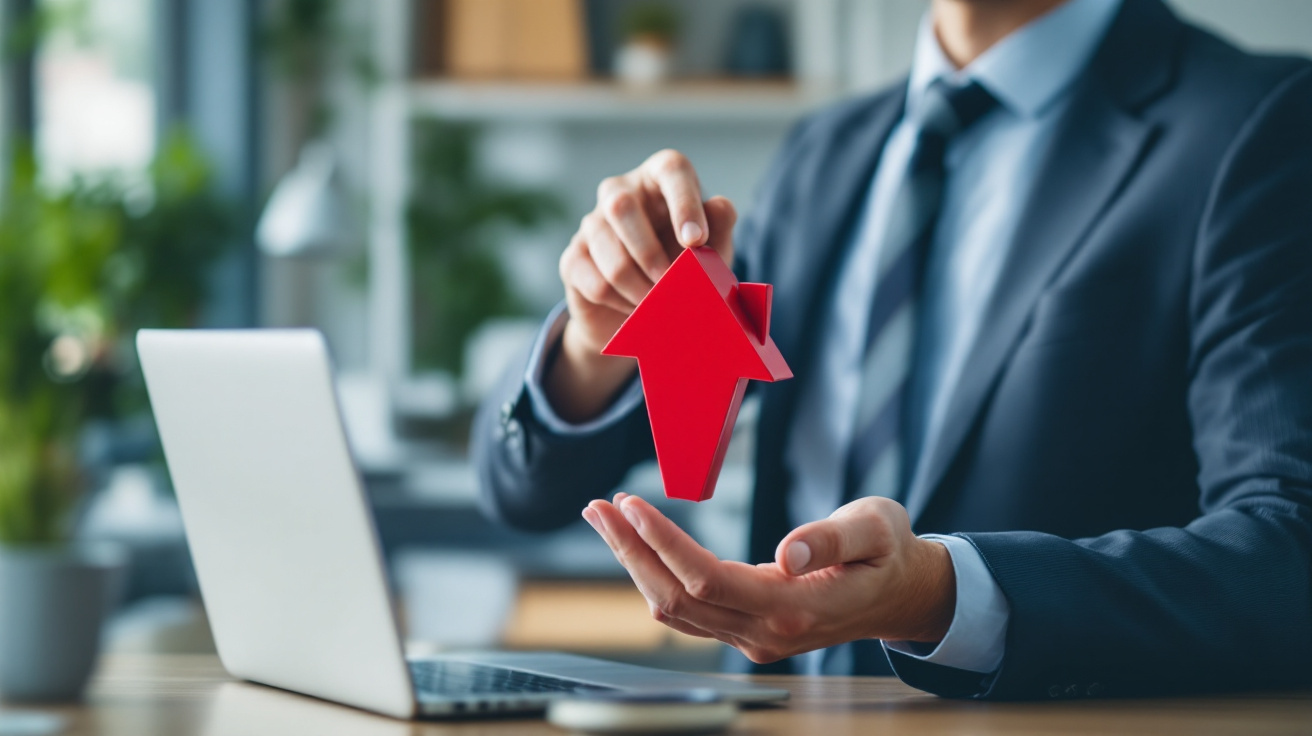 A professional in a suit at a desk holds a red house-shaped arrow, illustrating mortgage renewal and switching strategies for clients.