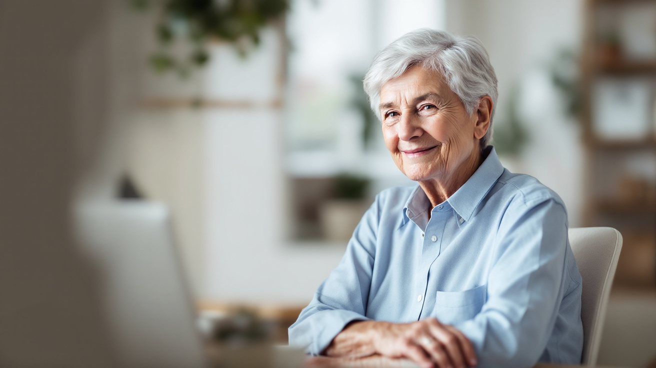 A smiling senior woman at a desk with a laptop, representing financial freedom for homeowners in Niagara Falls and Fort Erie.