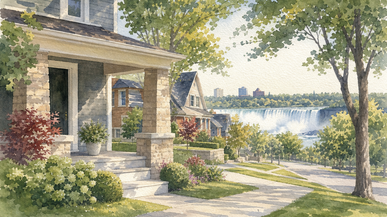 Watercolor of a Niagara Falls neighborhood with a house porch overlooking the falls, representing the local trust of a verified mortgage broker.